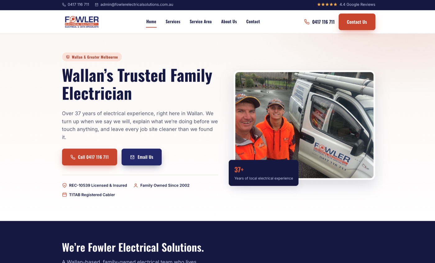 A site we built: the Fowler Electrical Solutions homepage, with their two electricians beside the branded ute