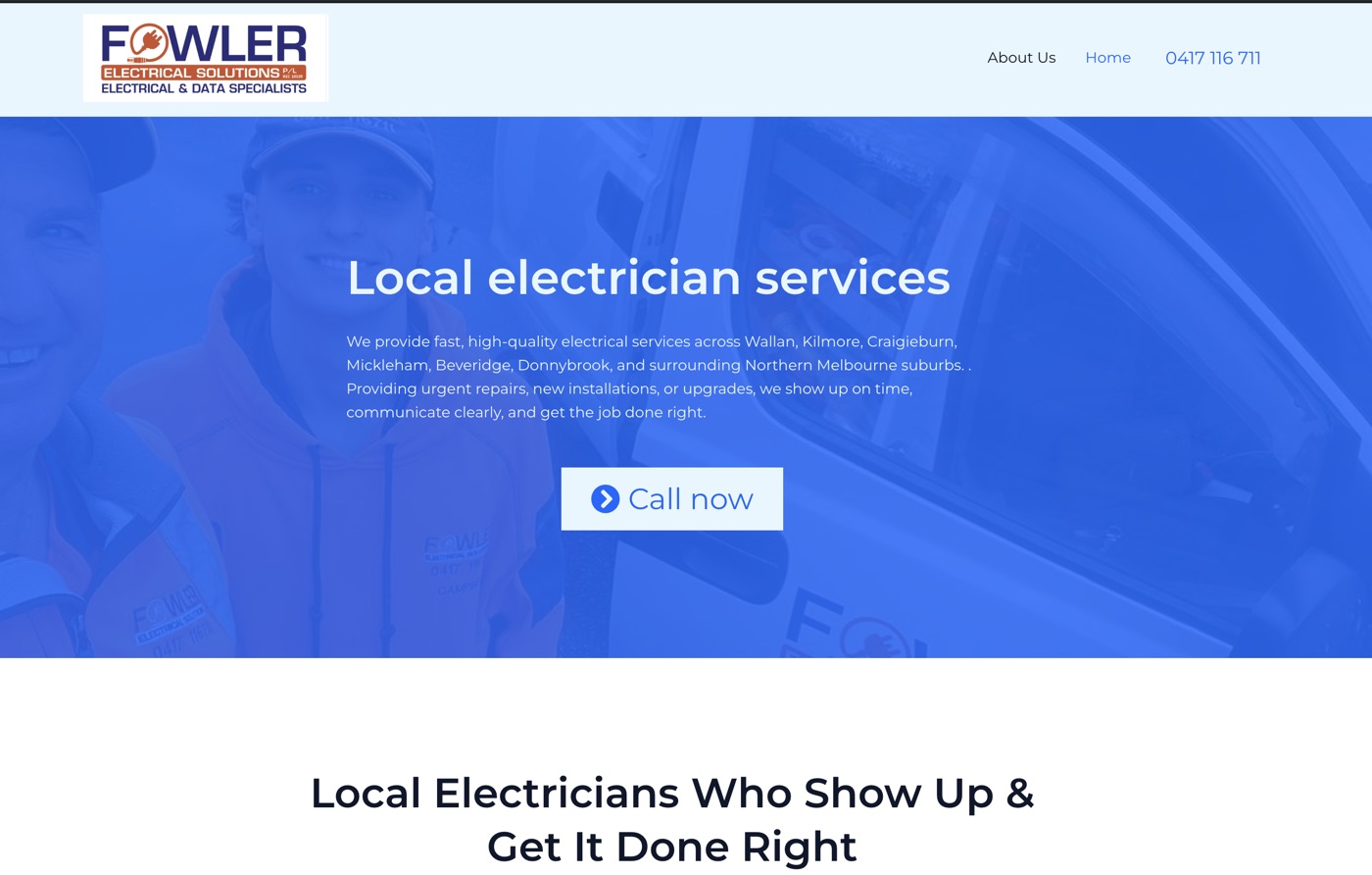 The old Fowler Electrical Solutions homepage: a blue-tinted photo with the headline Local electrician services and a Call now button